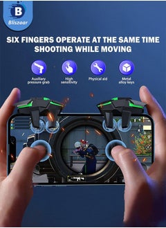 Bliszaar Mobile Game Controller Trigger, PUBG Accessories 6 Finger Trigger, High Sensitivity and 4 Metal Button, Non-slip and Human Body Design with 2 Finger Sleeves  - Image 2