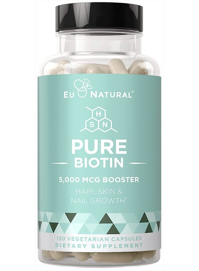 Eu Natural Biotin 5000 mcg Hair Skin Nails Supplement – High-Potency Hair Growth Vitamins for Women & Men – Provide Powerful Support for Healthy Hair, Stronger Nails & Glowing Skin – 120 Vegetarian Soft Capsules - Image 1