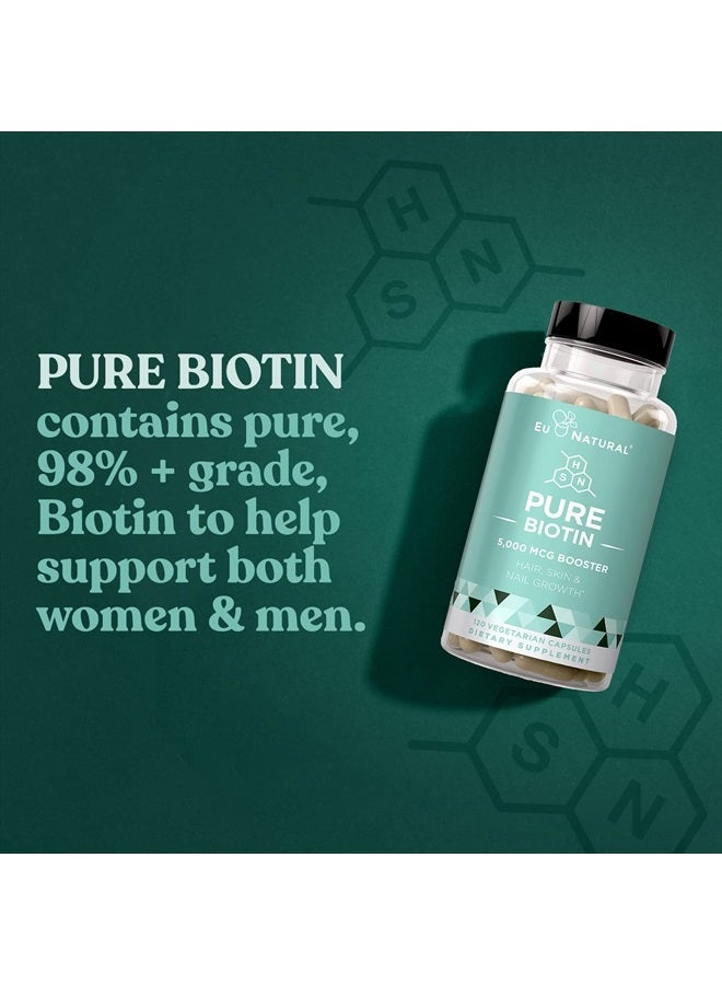 Eu Natural Biotin 5000 mcg Hair Skin Nails Supplement – High-Potency Hair Growth Vitamins for Women & Men – Provide Powerful Support for Healthy Hair, Stronger Nails & Glowing Skin – 120 Vegetarian Soft Capsules - Image 4