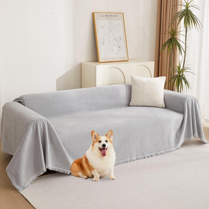 Chenille Sofa Cover for Dogs Cats Light Gery Couch Cover with Tassel Edge Farmhouse Furniture Protectors for Pets Thick Durable Sectional Couch Covers for 2 Cushion Couch 71x 102