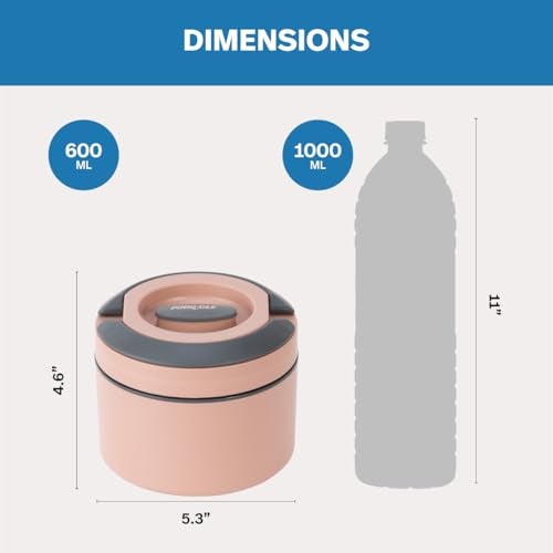 Pinnacle Prime Insulated Tiffin Box for Kids & Adults (600ml) | 2 Compartment Hot Box for Lunch with Collapsible Handle | Inner Stainless Steel Lunch Box for Office, School, Travel, Gift (Dusty Pink) - Image 3