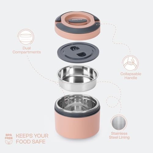 Pinnacle Prime Insulated Tiffin Box for Kids & Adults (600ml) | 2 Compartment Hot Box for Lunch with Collapsible Handle | Inner Stainless Steel Lunch Box for Office, School, Travel, Gift (Dusty Pink) - Image 2
