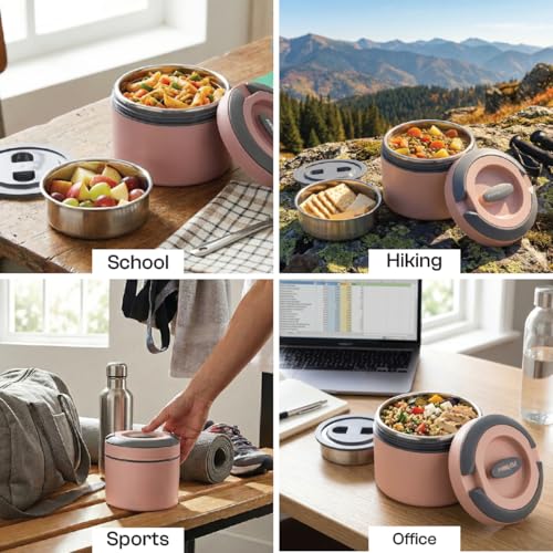 Pinnacle Prime Insulated Tiffin Box for Kids & Adults (600ml) | 2 Compartment Hot Box for Lunch with Collapsible Handle | Inner Stainless Steel Lunch Box for Office, School, Travel, Gift (Dusty Pink) - Image 4