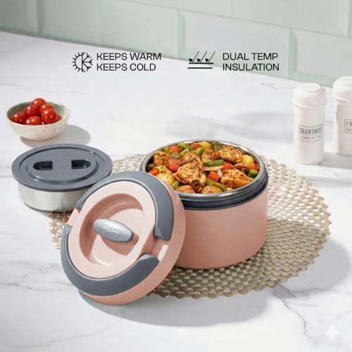 Pinnacle Prime Insulated Tiffin Box for Kids & Adults (600ml) | 2 Compartment Hot Box for Lunch with Collapsible Handle | Inner Stainless Steel Lunch Box for Office, School, Travel, Gift (Dusty Pink) - Image 5