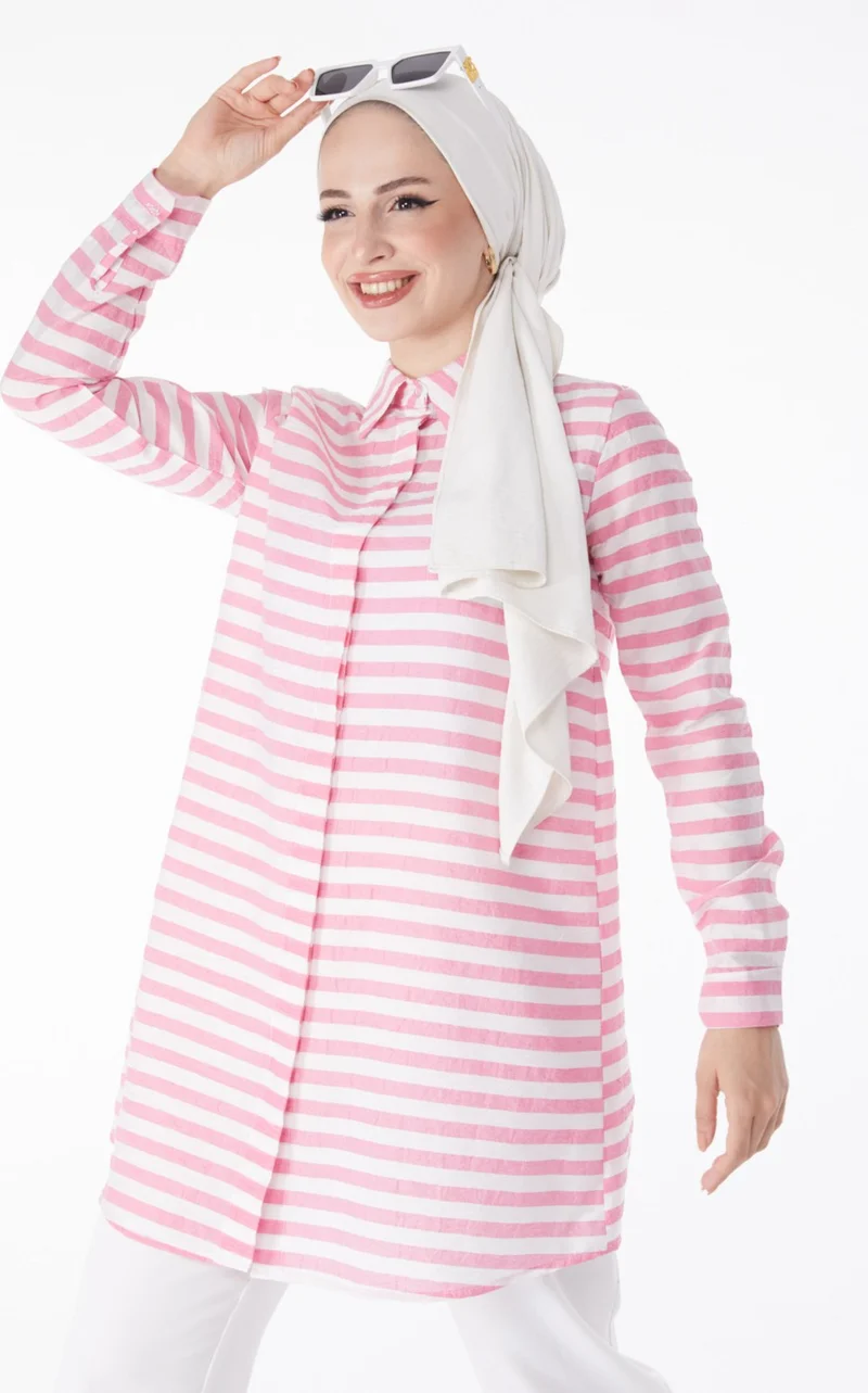 Tofisa Plain Shirt Collar Women's Pink Striped Tunic - 13178