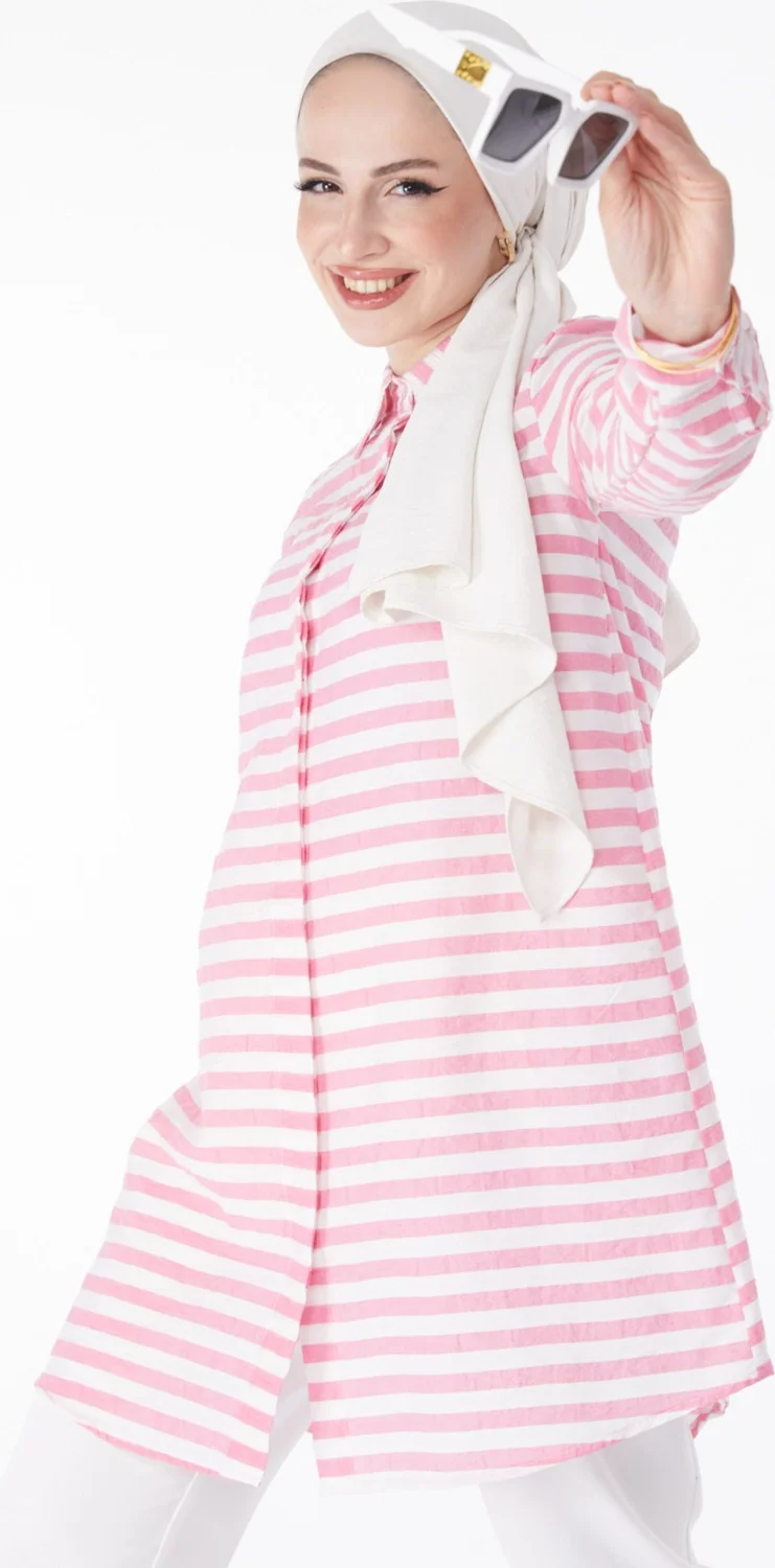 Tofisa Plain Shirt Collar Women's Pink Striped Tunic - 13178