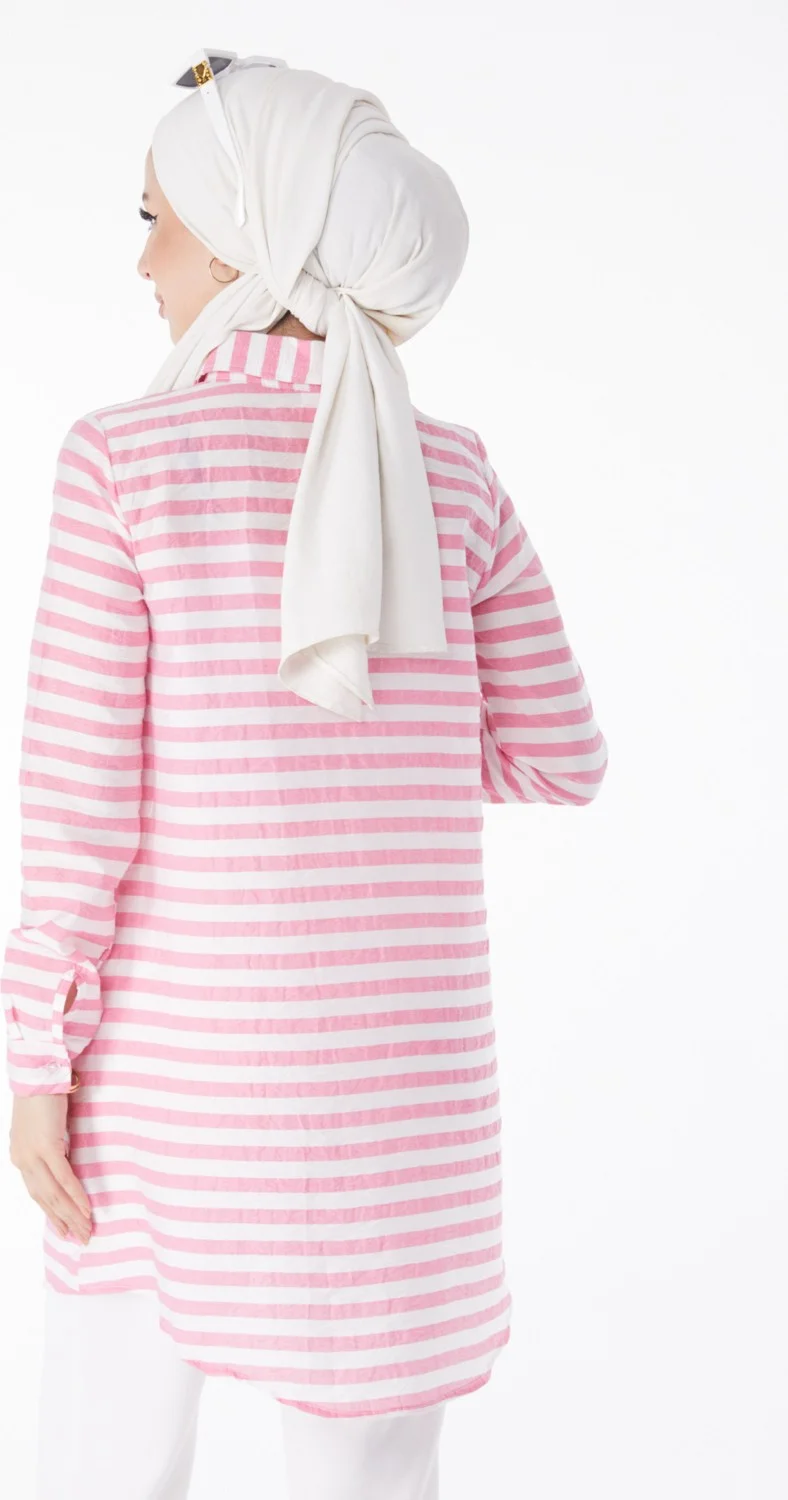 Tofisa Plain Shirt Collar Women's Pink Striped Tunic - 13178