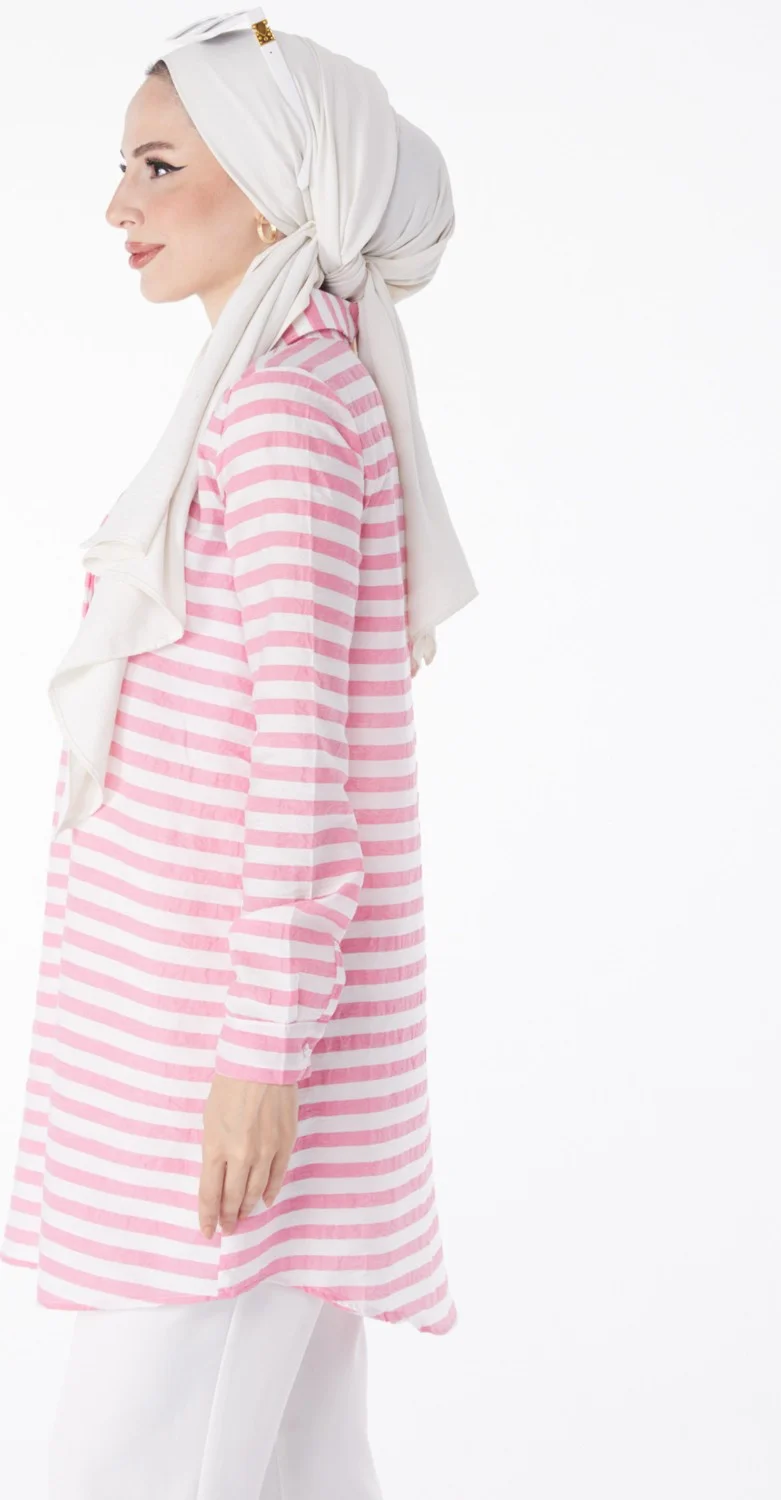 Tofisa Plain Shirt Collar Women's Pink Striped Tunic - 13178