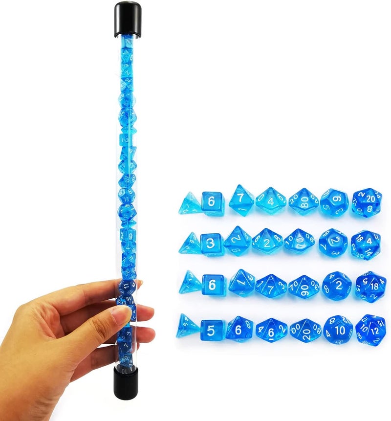 Bescon 28pcs Translucent Blue Mini Polyhedral Dice Set in Tube, for Dungeons and Dragons RPG Dice 4X7pcs,Mini Gem Blue Dice Set - Image 1