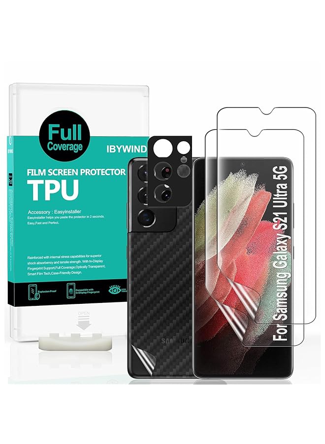 Ibywind Screen Protector For Samsung Galaxy S21 Ultra 5G 6.8 Inches With 2 Pcs Flexible Tpu Film 1Pc Camera Lens Protector 1Pc Backing Carbon Fiber Film Fingerprint Reader Easy To Install - Image 1