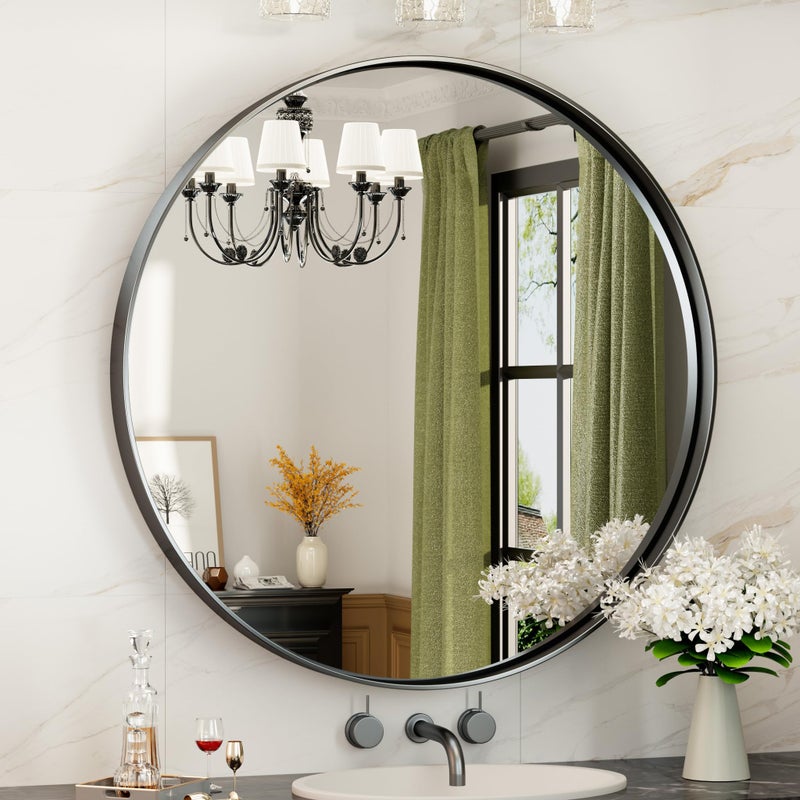 TokeShimi Black Round Mirror 30 Inch Black Circle Wall Mirror NonRusting Aluminum Alloy Brushed Matte Metal Frame Round Bathroom Mirror for Modern Minimalist Home Decor