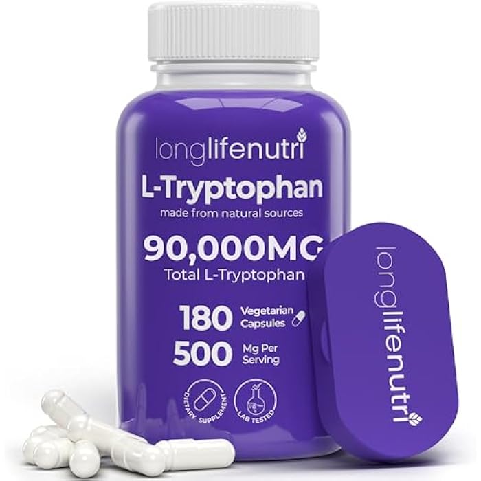 LongLifeNutri L-Tryptophan 500mg - 180 Veggie Capsules, 6 Month Supply - Natural Sleep Aid and Mood Stability Support for Serotonin Balance - Lab Tested, Made in USA, Non-GMO - Image 1