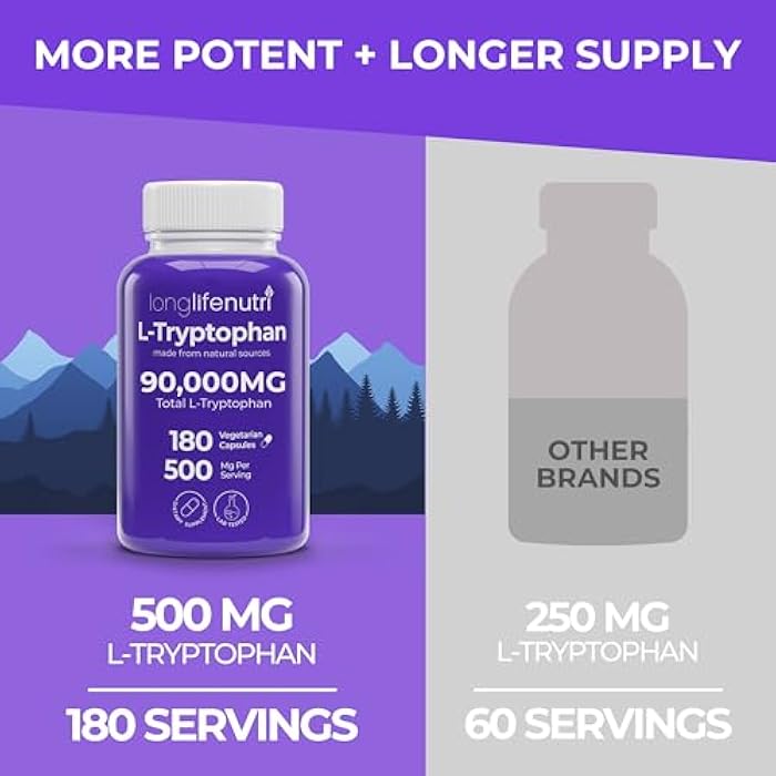 LongLifeNutri L-Tryptophan 500mg - 180 Veggie Capsules, 6 Month Supply - Natural Sleep Aid and Mood Stability Support for Serotonin Balance - Lab Tested, Made in USA, Non-GMO - Image 3