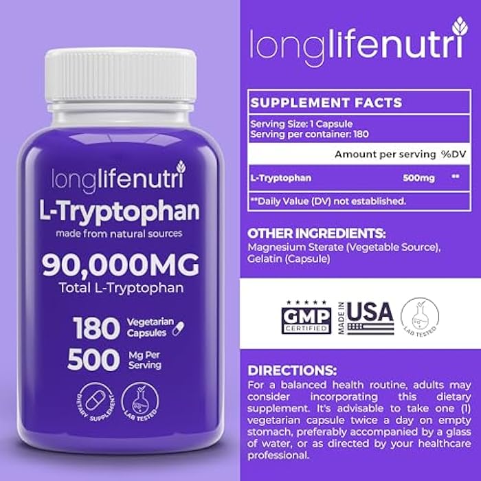 LongLifeNutri L-Tryptophan 500mg - 180 Veggie Capsules, 6 Month Supply - Natural Sleep Aid and Mood Stability Support for Serotonin Balance - Lab Tested, Made in USA, Non-GMO - Image 2