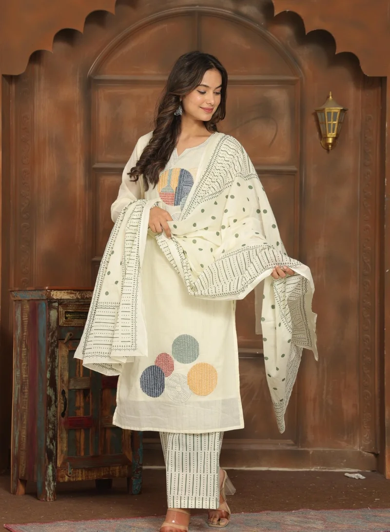 Studio blue Ivory Printed Three-Piece Set with Dupatta