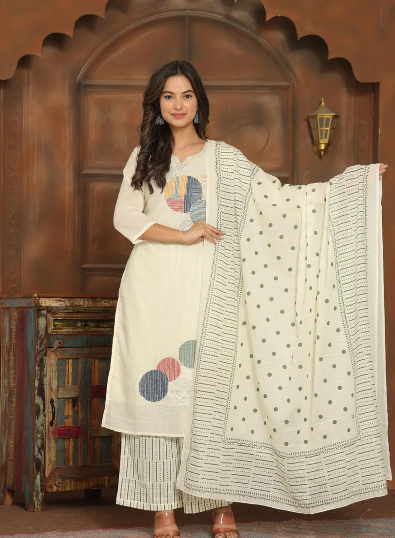 Studio blue Ivory Printed Three-Piece Set with Dupatta