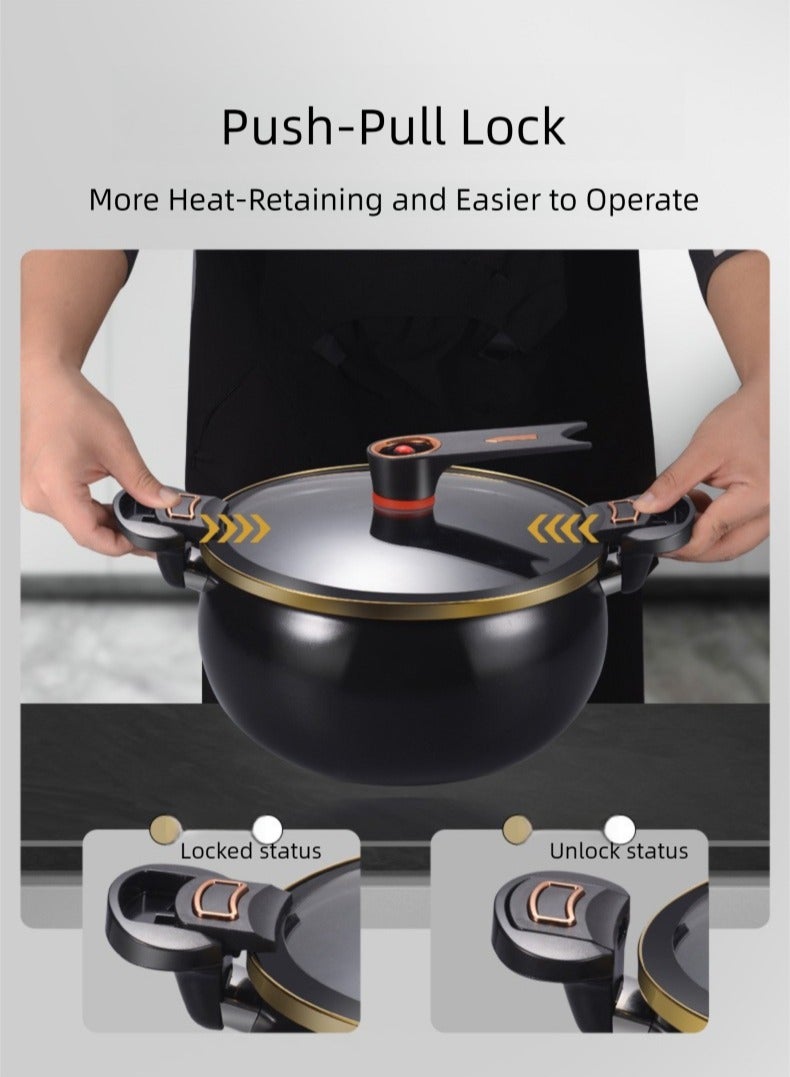 تمر (فاكهة) مقلاة صلصة سيراميك مغلفة غير لاصقة بغطاء وعاء فخار أسود مع مقابض ملتوية وقفل ، طباخ ضغط صغير وعاء مخزون متعدد الاستخدامات مع غطاء ، قدور تعليب حساء كبيرة القاع ، وعاء يغلي (أسود ، 6.2 كوارت) - Image 2