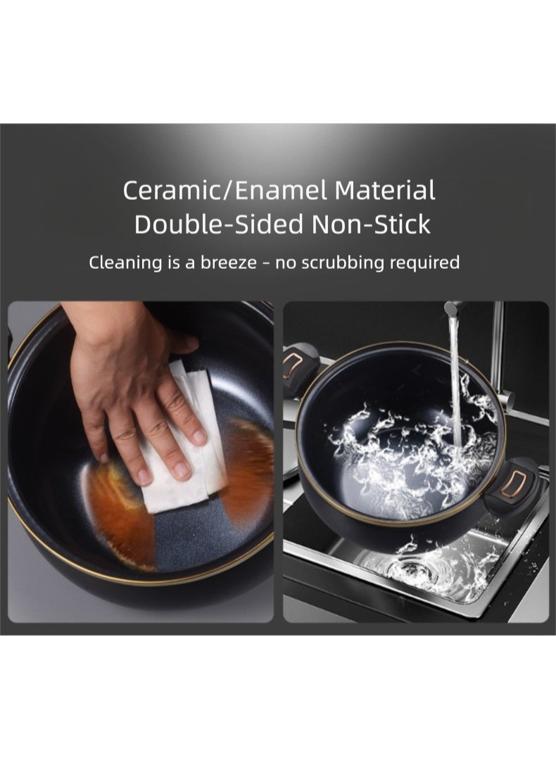 تمر (فاكهة) مقلاة صلصة سيراميك مغلفة غير لاصقة بغطاء وعاء فخار أسود مع مقابض ملتوية وقفل ، طباخ ضغط صغير وعاء مخزون متعدد الاستخدامات مع غطاء ، قدور تعليب حساء كبيرة القاع ، وعاء يغلي (أسود ، 6.2 كوارت) - Image 3