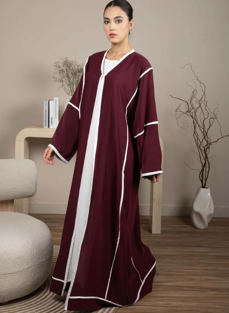MSquare Fashion Elegant Front Open Maroon Nida Abaya with White Contrast Piping and Headscarf