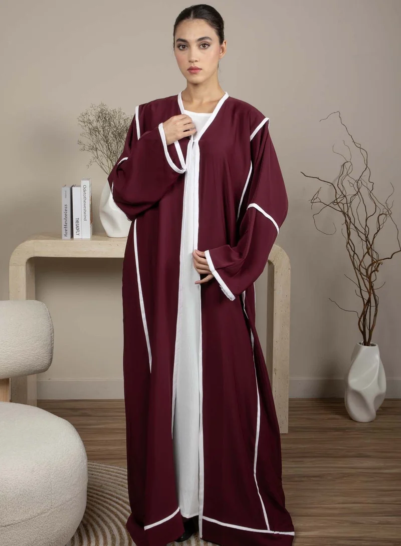 MSquare Fashion Elegant Front Open Maroon Nida Abaya with White Contrast Piping and Headscarf