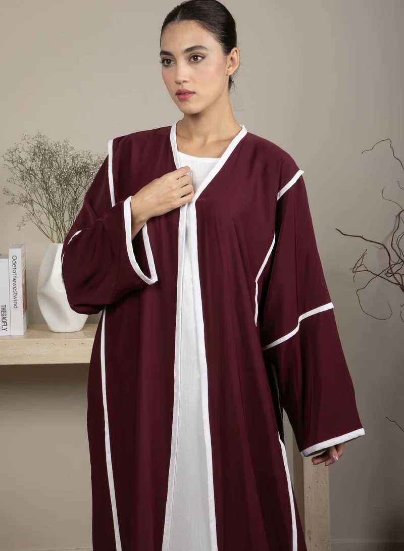 MSquare Fashion Elegant Front Open Maroon Nida Abaya with White Contrast Piping and Headscarf
