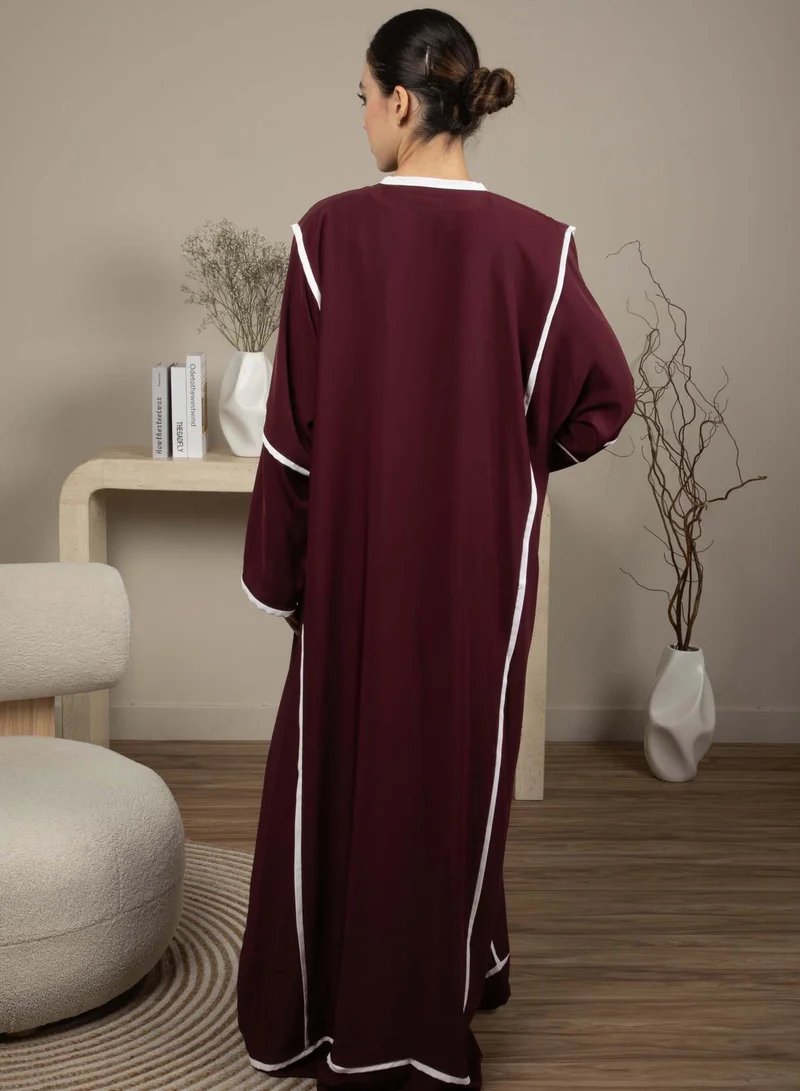 MSquare Fashion Elegant Front Open Maroon Nida Abaya with White Contrast Piping and Headscarf