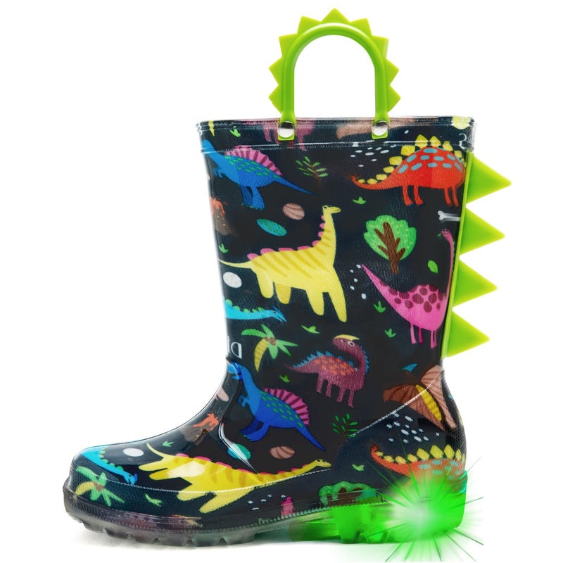 HugRain Toddler Boys Rain Boots Little Kids Baby child Light Up Waterproof Rubber Shoes Printed Mud Lightweight Adorable with Easy-On Handles Non Slip Sole Dinosaur Green Navy Size 5 - Image 1