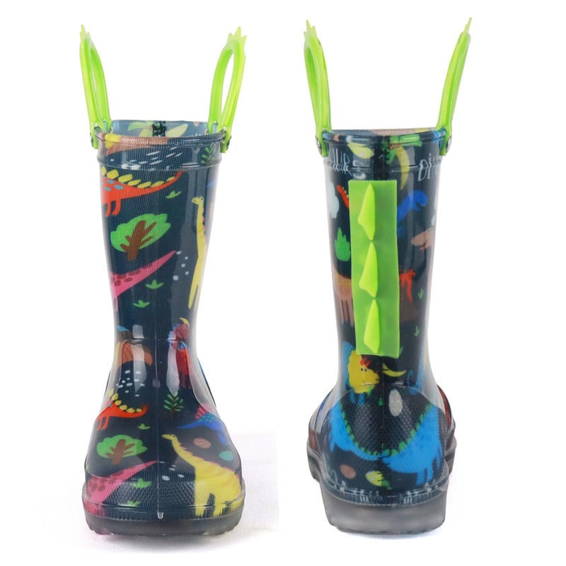 HugRain Toddler Boys Rain Boots Little Kids Baby child Light Up Waterproof Rubber Shoes Printed Mud Lightweight Adorable with Easy-On Handles Non Slip Sole Dinosaur Green Navy Size 5 - Image 5
