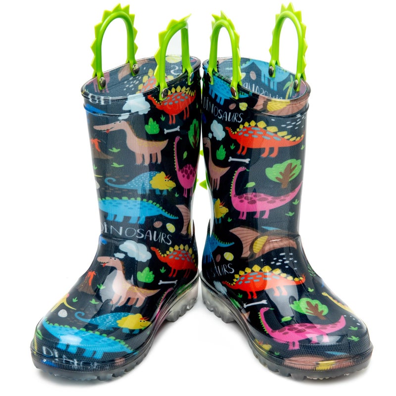 HugRain Toddler Boys Rain Boots Little Kids Baby child Light Up Waterproof Rubber Shoes Printed Mud Lightweight Adorable with Easy-On Handles Non Slip Sole Dinosaur Green Navy Size 5 - Image 4