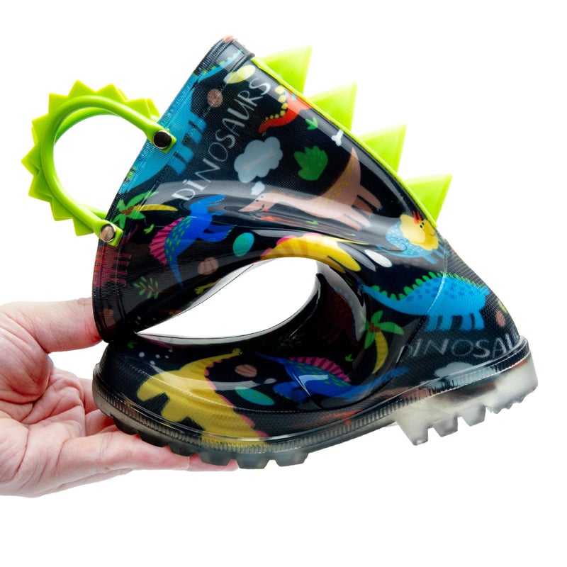 HugRain Toddler Boys Rain Boots Little Kids Baby child Light Up Waterproof Rubber Shoes Printed Mud Lightweight Adorable with Easy-On Handles Non Slip Sole Dinosaur Green Navy Size 5 - Image 2