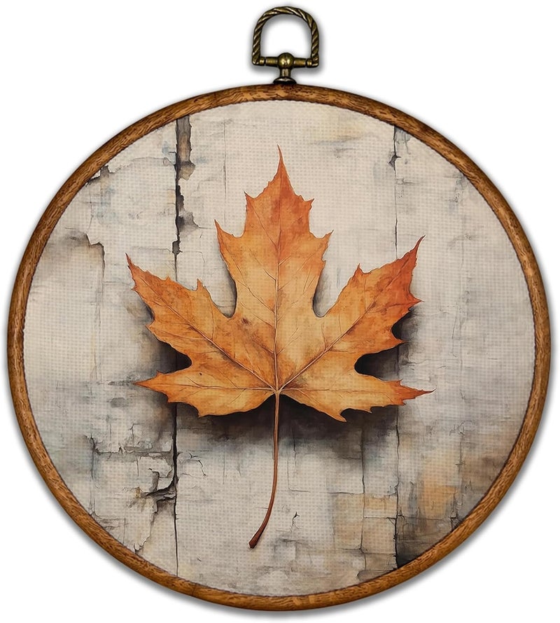 BCUANGD Vintage Fall Round Wall Art Decor - Retro Autumn Moody Maple Leaf Wall Art Canvas Frame Artwork Prints, Rustic Cottagecore Nature Round Wall Hanging Decorations for Farmhouse Home, 10"x10" - Image 1