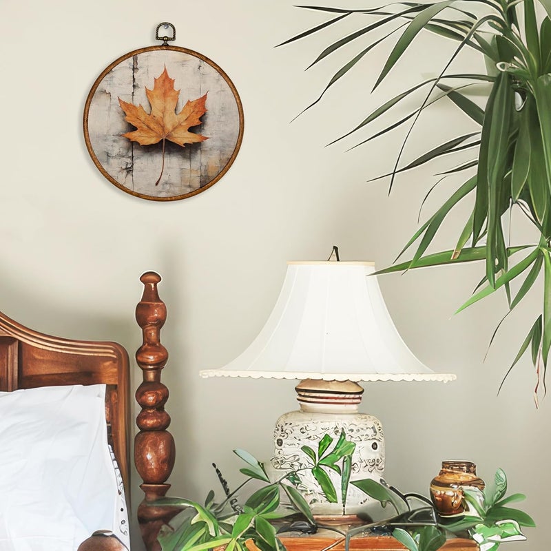 BCUANGD Vintage Fall Round Wall Art Decor - Retro Autumn Moody Maple Leaf Wall Art Canvas Frame Artwork Prints, Rustic Cottagecore Nature Round Wall Hanging Decorations for Farmhouse Home, 10"x10" - Image 2