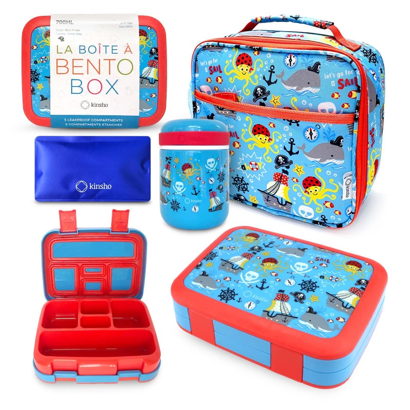kinsho Bento Box Lunch Bag Thermal Food Jar Set for Kids Boys5 Compartment Lunchbox with Ice Pack and Utensil Blue Pirates