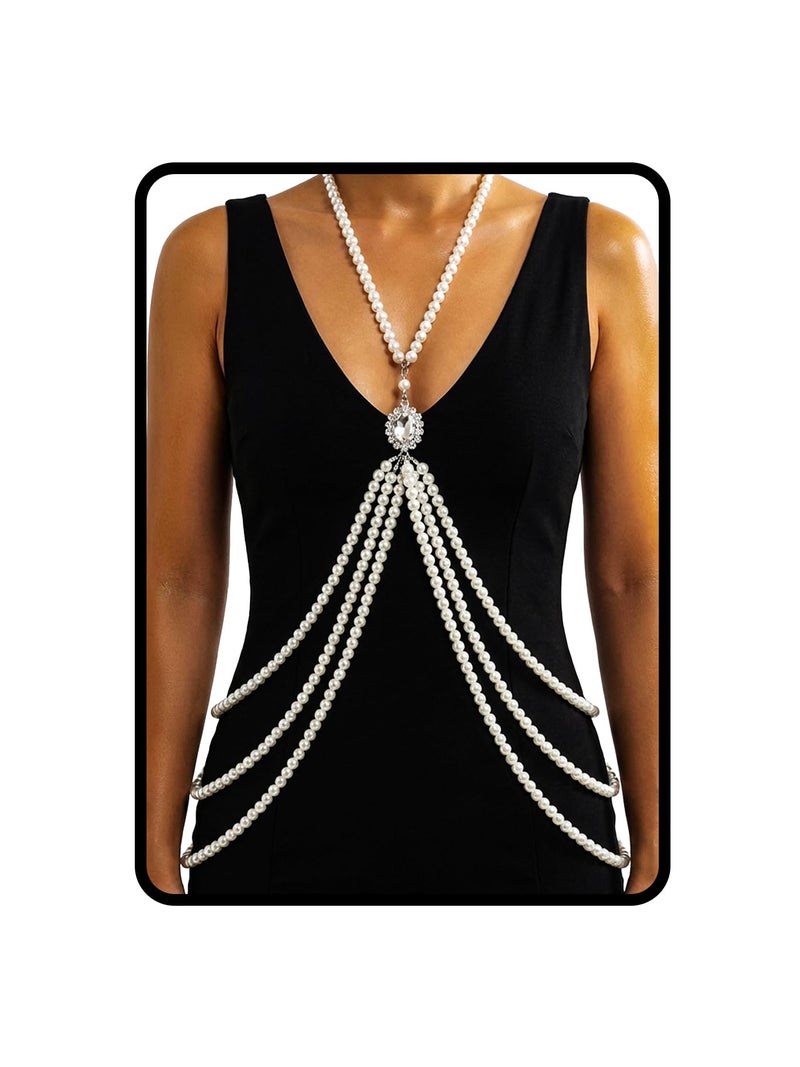 ELABEST Pearl Body Chain White Layered Pearls Crystal Cross Body Jewelry for Women - Image 1