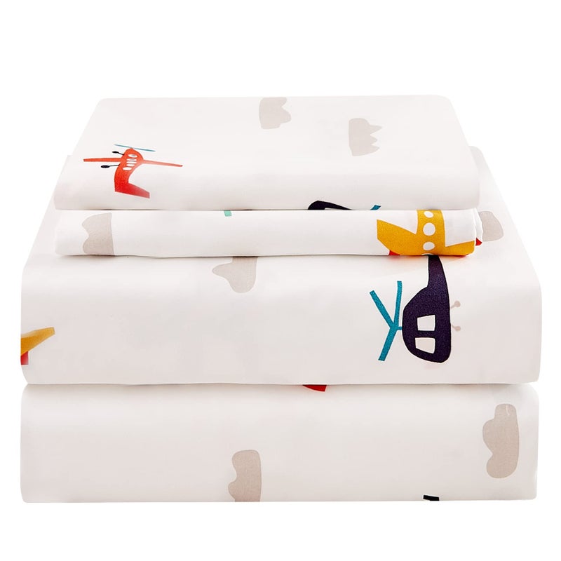 JSD Airplane Kids Sheet Set Twin Size 3 Piece Soft Printed Microfiber Bed Sheets Deep Pocket