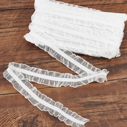 FINGERINSPIRE 11Yard/10m White Fabric Lace Trim Stretch Elastic Double Ruffle Lace Ribbon 1 inches/28mm Wide for Sewing, Dress Decoration and Gift Wrapping - Image 1