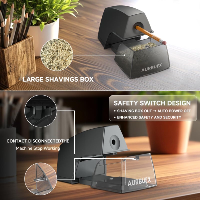 Aurbuex Electric Pencil Sharpener for 6 to 8 mm Pencils Helical Blade Fast 4 Second Sharpening Large Shavings Bin Non Slip Feet Safe Design for Classroom Office and Home(S1131) - Image 3