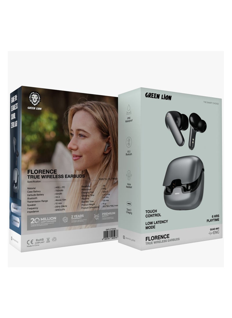 GREEN LION - Florence TWS True Wireless ENC Earbuds with Low Latency and Touch Control / Gaming Mode / Voice Assistant / Quad-Mic / Type-C Charging / Seamless Sound and Zero Lag / Up to 6 Hours Working Time - Silver - Image 1