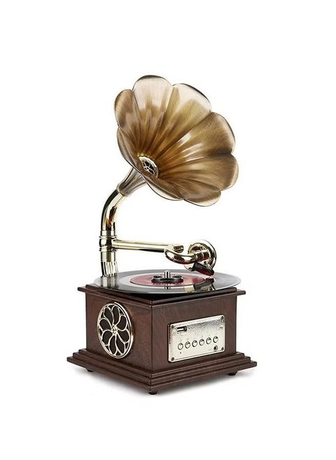 Record Player Retro, Mini Vintage Retro Classic Gramophone With Built In Bluetooth, Durable Phonograph Shape Stereo Speaker, Sound Music Box Desktop Ornament For Home Office Clubs Bars, (Brown 1)