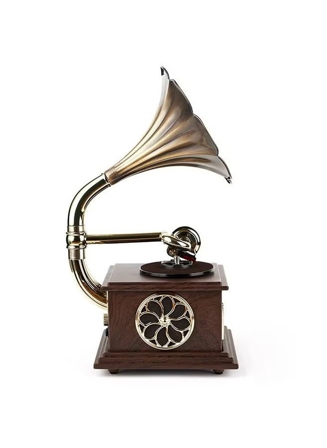 Record Player Retro, Mini Vintage Retro Classic Gramophone With Built In Bluetooth, Durable Phonograph Shape Stereo Speaker, Sound Music Box Desktop Ornament For Home Office Clubs Bars, (Brown 1)