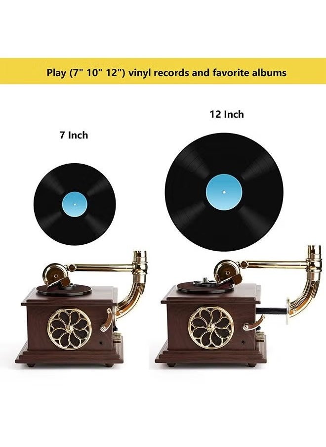 Record Player Retro, Mini Vintage Retro Classic Gramophone With Built In Bluetooth, Durable Phonograph Shape Stereo Speaker, Sound Music Box Desktop Ornament For Home Office Clubs Bars, (Brown 1)