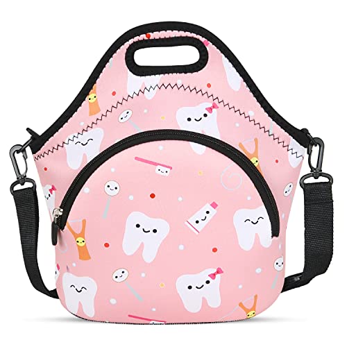 Violet Mist Neoprene Thermal Insulated Lunch Bag Tote for Women, Soft Large with Extra Pocket, Adjustable Shoulder Strap, Pink Teeth - Image 1