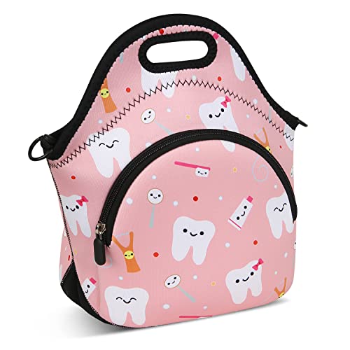 Violet Mist Neoprene Thermal Insulated Lunch Bag Tote for Women, Soft Large with Extra Pocket, Adjustable Shoulder Strap, Pink Teeth - Image 2