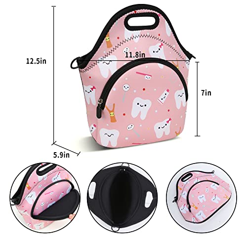 Violet Mist Neoprene Thermal Insulated Lunch Bag Tote for Women, Soft Large with Extra Pocket, Adjustable Shoulder Strap, Pink Teeth - Image 3