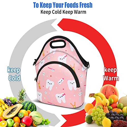Violet Mist Neoprene Thermal Insulated Lunch Bag Tote for Women, Soft Large with Extra Pocket, Adjustable Shoulder Strap, Pink Teeth - Image 4