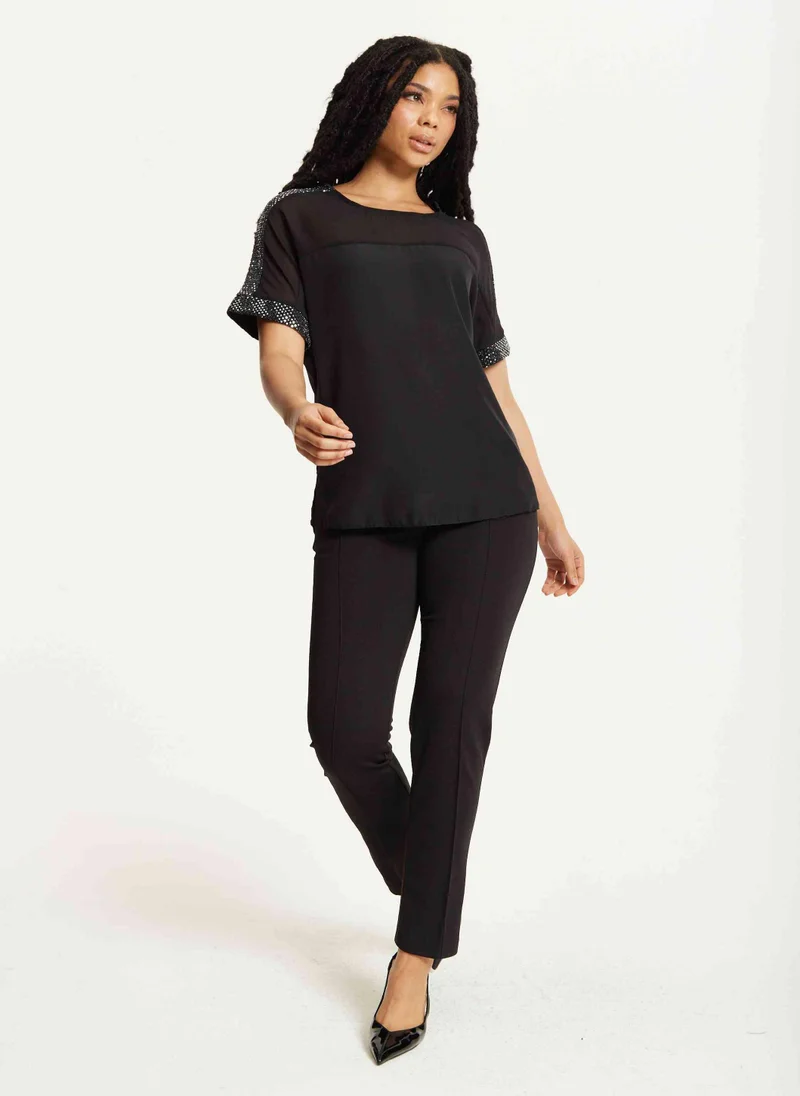 Liquorish Black Sheer Sequin Trim Top