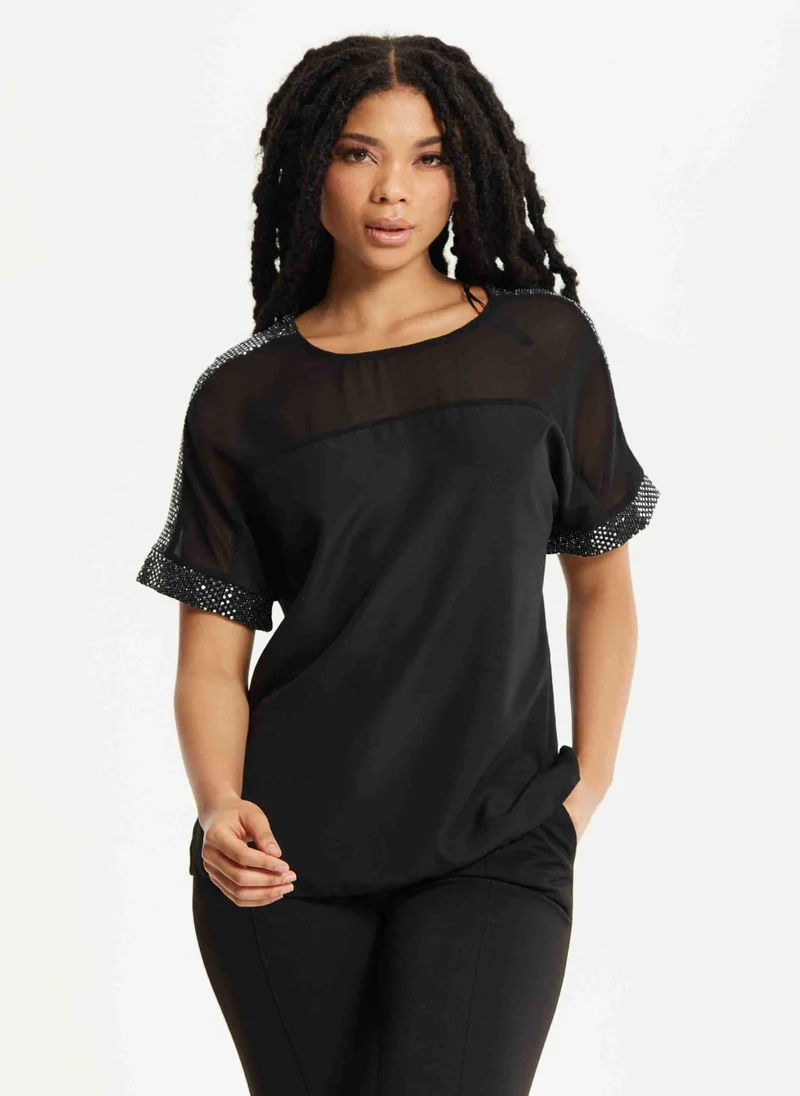 Liquorish Black Sheer Sequin Trim Top