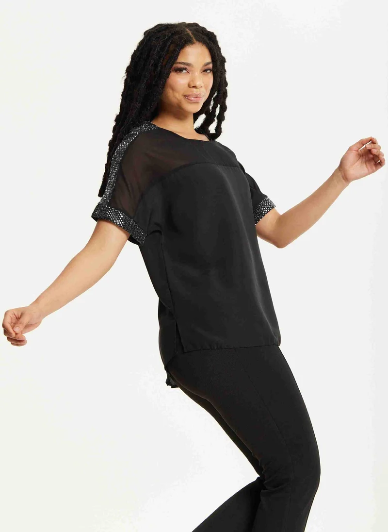Liquorish Black Sheer Sequin Trim Top