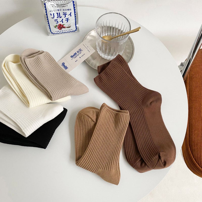 Knitted Vertical Strip Stacking Socks Double Needle Student Mid-Length Socks Ins Maillard Color Trendy Brand Sports Women - Image 2