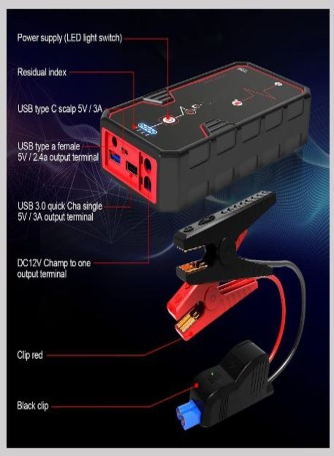 جهاز بدء تشغيل السيارة بقوة 4000 أمبير و21800 مللي أمبير في الساعة، ومعزز بطارية 12 فولت لمحركات البنزين التي تصل سعتها إلى 8.0 لتر أو محركات الديزل التي تصل سعتها إلى 6.5 لتر، وحزمة طاقة محمولة مع شحن سريع USB 3.0 وشاحن من النوع C، وجهاز بدء تشغيل السيارة في حالات الطوارئ - Image 3